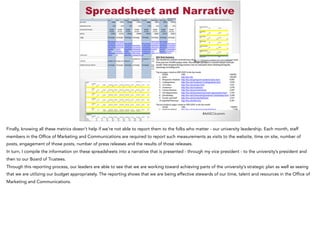 #AASCUcomm
Spreadsheet and Narrative
Finally, knowing all these metrics doesn’t help if we’re not able to report them to the folks who matter - our university leadership. Each month, staff
members in the Office of Marketing and Communications are required to report such measurements as visits to the website, time on site, number of
posts, engagement of those posts, number of press releases and the results of those releases.
In turn, I compile the information on these spreadsheets into a narrative that is presented - through my vice president - to the university’s president and
then to our Board of Trustees.
Through this reporting process, our leaders are able to see that we are working toward achieving parts of the university’s strategic plan as well as seeing
that we are utilizing our budget appropriately. The reporting shows that we are being effective stewards of our time, talent and resources in the Office of
Marketing and Communications.
 