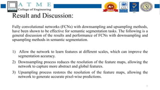 Result and Discussion:
Fully convolutional networks (FCNs) with downsampling and upsampling methods,
have been shown to be effective for semantic segmentation tasks. The following is a
general discussion of the results and performance of FCNs with downsampling and
upsampling methods in semantic segmentation.
1) Allow the network to learn features at different scales, which can improve the
segmentation accuracy.
2) Downsampling process reduces the resolution of the feature maps, allowing the
network to capture more abstract and global features.
3) Upsampling process restores the resolution of the feature maps, allowing the
network to generate accurate pixel-wise predictions.
13
 