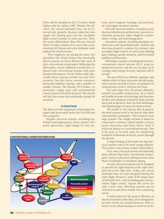36 AEROSPACE AMERICA/SEPTEMBER 2005
EHAs will be installed on the F-35 Joint Strike
Fighter and the Airbus A380. Despite this ad-
vance, the central hydraulic lines can be re-
moved only partially, because today they also
supply the landing gear and the secondary
flight control systems, to name just two. Thus,
the much talked-about More Electric Aircraft
(MEA) of today consists of no more than a con-
ventional AES layout with a few hydraulic users
replaced by electrical ones.
PFCS engineers are among the many AES
specialists who firmly believe that electrically
driven systems are more efficient than most of
their conventional counterparts. Reflecting this
philosophy, recent widebody aircraft have re-
placed some conventional systems with more
electrical alternatives. On the Airbus A380, elec-
trically driven systems include not only PFCS
actuators, but also thrust reverser actuation,
horizontal stabilizer backup, and a number of
smaller systems. The Boeing 787’s brakes, ice
protection, engine start, and environmental
control system will all be electrical. The aircraft
will also have some electrohydraulic pumps for
actuation.
A closer look
The latest aircraft equipment technologies de-
signed and prototyped under the POA fall into
four categories:
•Engine electrical systems, including em-
bedded starter/generators, direct current (DC)
power generation, high-voltage DC bus sys-
tems, active magnetic bearings, electrical fuel,
oil, and engine actuation systems.
•Aircraft electrical systems, including novel
electrical distribution architectures, network in-
teractions, protection, high-voltage DC commu-
tation, wiring, and load management.
•Actuation systems, including alternative ar-
chitectures with electrohydrostatic, hybrid, and
electromechanical actuation for primary and
secondary flight control, as well as new landing
gear, braking, nacelle actuation, and horizontal
stabilizer architectures.
•Pneumatic systems, including electrical en-
vironmental control systems (ECS), wing ice
protection systems, and the use of vapor cycle
cooling, cabin energy recovery, and fuel cells in
aircraft.
The aim of POA is to identify, optimize, and
validate which of these innovative aircraft equip-
ment systems can help to lower consumption of
nonpropulsive power, and thus fuel burn.
For each major AES, the project defined a
number of possible architectures, all of which
are feasible in terms of technology and function.
Studies and validation testing for these systems
show that at this level, there are both advantages
and disadvantages to more electrical systems.
The results so far indicate that in general,
electrical systems tend to be heavier than their
conventional counterparts. This is true for most
large systems. The weight increase is based on
conservative estimates related mainly to heavy
power electronics and heavy drives, both of
which are absent in a conventional aircraft. This
is the price to be paid today for transferring
hundreds of kilowatts of electric power through
the aircraft.
A major finding of the study was that elec-
trical systems tend to be more energy efficient.
This is due to one of three closely related effects:
First, many electrical systems are inherently
more efficient than their conventional counter-
parts. Losses in electrical cabling are lower than
those in hydraulic or pneumatic piping.
Second, electrical systems can be designed
to provide the right function at the right time,
and only at the right time. Today, the central
hydraulic lines are kept energized during the
entire flight. However, some of the larger users
of hydraulic flow, such as landing gear and sec-
ondary flight control, require this power for
only a short time. Electrical systems can be
switched on and off as needed, thus conserving
power.
A third reason for the greater efficiency of
electrical systems is that they can be designed to
provide exactly the needed function, with no
need to worry about having too much or too lit-
Primary
controls
Primary
controls
Secondary
controls
Central
hydraulics
Engine
systems
Environmental
control
Landing
gear Engine
Ice
protection
Gearbox
Generator
Electrical
distribution
Commercial
loads
APU
Mechanical power
Pneumatic power
Hydraulic power
Electrical power
CONVENTIONAL POWER DISTRIBUTION
 