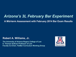 Robert A. Williams, Jr.
The University of Arizona Rogers College of Law
E. Thomas Sullivan Professor of Law
Faculty Co-Chair, FebBar Curriculum Working Group
Arizona’s 3L February Bar Experiment
A Mid-term Assessment with February 2014 Bar Exam Results
 