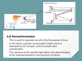 4.0 Monochromator
 This is used to separate out all of the thousands of lines.
 It will select a specific wavelength of light which is
absorbed by the sample, and to exclude other
wavelengths.
 The selection of the specific light allows the determination
of the selected element in the presence of others.
11
 