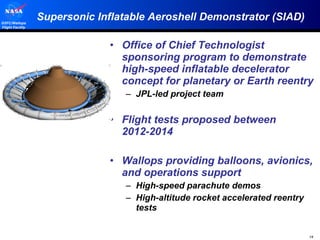 Supersonic Inflatable Aeroshell Demonstrator (SIAD) Office of Chief Technologist sponsoring program to demonstrate high-speed inflatable decelerator concept for planetary or Earth reentry JPL-led project team Flight tests proposed between 2012-2014 Wallops providing balloons, avionics, and operations support High-speed parachute demos High-altitude rocket accelerated reentry tests 
