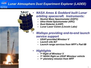 Lunar Atmosphere Dust Experiment Explorer (LADEE) NASA Ames & Goddard built Lunar orbiting spacecraft.  Instruments: Neutral Mass Spectrometer (GSFC) Ultra-Violet Spectrometer (ARC) Dust Detector (LASP) Lunar Laser Comm (Lincoln Labs) Wallops providing end-to-end launch service support USAF-provided Minotaur V Launch site I&T Launch range services from WFF’s Pad 0B Highlights 1 st  flight of Minotaur V 1 st  NASA flight on USAF Minotaur vehicle 1 st  planetary mission from WFF 