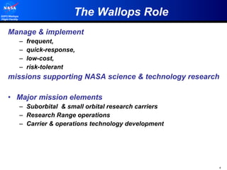 The Wallops Role Manage & implement  frequent,  quick-response,  low-cost,  risk-tolerant  missions supporting NASA science & technology research Major mission elements Suborbital  & small orbital research carriers Research Range operations Carrier & operations technology development 