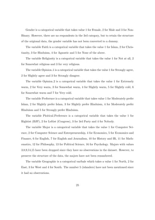 Gender is a categorical variable that takes value 1 for Female, 2 for Male and 3 for Non-
Binary. However, there are no respondents in the 3rd category, but to retain the structure
of the origional data, the gender variable has not been converted to a dummy.
The variable Faith is a categorical variable that takes the value 1 for Islam, 2 for Chris-
tianity, 3 for Hinduism, 4 for Agnostic and 5 for None of the above.
The variable Religiosity is a categorical variable that takes the value 1 for Not at all, 2
for Somewhat religious and 3 for very religious.
The variable Opinion 1 is a categorical variable that takes the value 1 for Strongly agree,
2 for Slightly agree and 3 for Strongly disagree.
The variable Opinion 2 is a categorical variable that takes the value 1 for Extremely
warm, 2 for Very warm, 3 for Somewhat warm, 4 for Slightly warm, 5 for Slightly cold, 6
for Somewhat warm and 7 for Very cold.
The variable Preference is a categorical variable that takes value 1 for Moderately prefer
Islam, 2 for Slightly prefer Islam, 3 for Slightly prefer Hinduism, 4 for Moderately prefer
Hinduism and 5 for Strongly prefer Hinduism.
The variable Ploitical Preference is a categorical variable that takes the value 1 for
Rightist (BJP), 2 for Leftist (Congress), 3 for 3rd Party and 4 for Nobody.
The variable Major is a categorical variable that takes the value 1 for Computer Sci-
ence, 2 for Computer Science and Entrepreneurship, 4 for Economics, 5 for Economics and
Finance, 6 for English, 7 for English and Journalism, 10 for History and IR, 11 for Math-
ematics, 12 for Philosophy, 13 for Political Science, 16 for Psychology. Majors with values
3,8,9,14,15 have been dropped since they have no observations in the dataset. However, to
preserve the structure of the data, the majors have not been renumbered.
The variable Geographic is a categorical varibale which takes a value 1 for North, 2 for
East, 3 for West and 4 for South. The number 5 (islanders) have not been mentioned since
it had no observations.
25
 