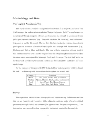 Methodology and Data
The Implicit Association Test
This paper uses data collected through the administration of an Implicit Association Test
(IAT) among a few undergraduate students of Ashoka University. An IAT is usually taken by
a participant through computer software and it measures the strength of association of each
participant between ‘concepts’ (e.g., Hinduism and Islam for this study) and ‘evaluations’
(e.g., good or bad for this study). The test does this by recording the response times of each
participant on a number of screens where it pairs up a concept with an evaluation (e.g.,
Hinduism and Bad or Islam and Good). The idea is that a respondent with an implicit
bias for Hinduism will have a shorter response time for categorising Hinduism and Good in
the same corner as compared to Islam and Good, and vice versa. The test itself works on
the framework provided by Greenwald, McGhee and Schwartz (1998) and follows the same
methodology.
For the purposes of this paper, the IAT design had four main categories, with ﬁve stimuli
for each. The following table summarizes the categories and stimuli used.
Category Stimulus
Hindu Veda, Shiv, Hindu, Ram, Lakshman
Muslim Quran, Muslim, Hijab, Allah, Mohammed
Good Love, Peace, Joy, Happy, Success
Bad Hate, War, Evil, Pain, Failure
Survey
The experiment also included a demographic and opinion survey. Information such as
that on age (numeric entry), gender, faith, religiosity, opinions, major of study, political
preference (multiple choice) was collected (the appendix lists the questions presented). This
information was captured to draw compatative statics and conduct further analysis.
8
 