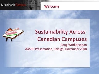 Welcome Sustainability Across  Canadian Campuses   Doug Wotherspoon AASHE Presentation, Raleigh, November 2008 