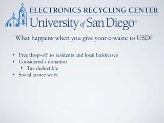 What happens when you give your e-waste to USD?
• Free drop-off to residents and local businesses
• Considered a donation
• Tax deductible
• Social justice work
 