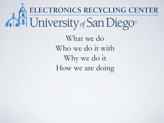 What we do
Who we do it with
Why we do it
How we are doing
 