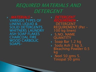  MATERIALS -
VARIUOS TYPES OF
LINENS LIQUID &
SOLID DETERGENTS
WHITNERS LAUNDRY
ASH SOAP FLAKES
CHARCOAL FIRE
WOOD CARBOLIC
SOAPS-
 DETERGENT
REQUIREMEN -
DETERGENT
REQUIREMENT (Per –
100 kg linen)
 S.NO. NAME
QUANTITY
 Soap Bar 1.2 kg
 Soda Ash 2 kg 3.
Bleaching Powder 0.5
kg
 Neel 50 gms 5.
Tinopal 50 gms
 