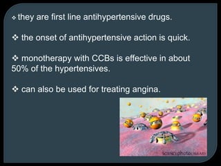  they are first line antihypertensive drugs.
 the onset of antihypertensive action is quick.
 monotherapy with CCBs is effective in about
50% of the hypertensives.
 can also be used for treating angina.
 