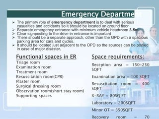  The primary role of emergency department is to deal with serious
casualties and accidents so it should be located on ground floor
 Separate emergency entrance with minimum vehicle headroom 3.5m.
 Clear signposting to the drive-in entrance is important
 There should be a separate approach, other than the OPD with a spacious
parking area for cars and cycles.
 It should be located just adjacent to the OPD so the sources can be pooled
in case of major disaster.
Space requirements:
Reception area = 150-250
SQFT
Examination area = 100 SQFT
Resuscitation room = 400
SQFT
X-RAY = 80SQ FT
Laboratory = 200SQFT
Minor OT = 350SQFT
Recovery room = 70
Emergency Department
Functional spaces in ER
Triage room
Examination room
Treatment room
Resuscitation room(CPR)
Plaster room
Surgical dressing room
Observation room(short stay room)
Supporting spaces
 