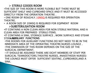  STERILE GOODS ROOM
•THE SIZE OF THIS ROOM IS MORE FLEXIBLE BUT THERE MUST BE
SUFFICIENT SHELF AND CUPBOARD SPACE AND IT MUST BE ACCESSED
DIRECTLY FROM THE OPERATION THEATRE .
• ONE ROOM OF ROUGHLY 10MSQ IS REQUIRED PER OPERATION
THEATRE.
• A ROOM SIZE OF 20MSQ IS REQUIRED FOR EQIPMENT ROOM
SUBSTERILISATION ROOM
•IT CONTAINS A NON CLEAN AREA FOR NON STERILE MATERIAL AND A
CLEAN AREA FOR PREPARED STERILE ITEMS.
•IT CONTAINS A SINK, STORAGE SURFACE , WORK SURFACE AND STEAM
STERILISERS.AUXILIARY FUNCTIONS
•THE ROOMS FOR AUXILIARY FUNCTIONS DO NOT NEED TO BE IN THE
IMMEDIATE AREA OF THE OPERATING THEATRE,NURSES LOUNGE .
•THE DIMENSION OF THIS ROOM DEPENDS ON THE SIZE OF THE
SURGICAL DEPARTMENT.
• IT SHOULD BE ASSUMED THERE ARE EIGHT MEMBERS OF STAFF PER
SURGICAL TEAM(DOCTORS,THEATRE NURSES, ANAESTHESIA NURSES)
THE LOUNGE MUST OFFER SUFFICIENT SEATING ,CUPBOARDS,AND A
SINK.
 