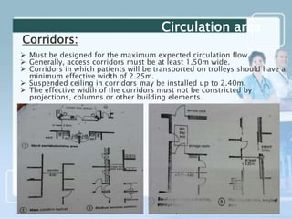  Must be designed for the maximum expected circulation flow.
 Generally, access corridors must be at least 1.50m wide.
 Corridors in which patients will be transported on trolleys should have a
minimum effective width of 2.25m.
 Suspended ceiling in corridors may be installed up to 2.40m.
 The effective width of the corridors must not be constricted by
projections, columns or other building elements.
Circulation area
Corridors:
 