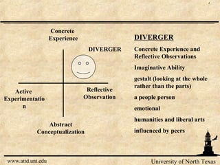 University of North Texas
4
www.attd.unt.edu
Active
Experimentatio
n
Concrete
Experience
Reflective
Observation
Abstract
Conceptualization
DIVERGER
DIVERGER
Concrete Experience and
Reflective Observations
Imaginative Ability
gestalt (looking at the whole
rather than the parts)
a people person
emotional
humanities and liberal arts
influenced by peers
 