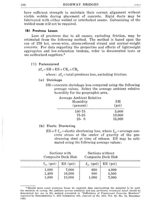 100 HIGHWAY BRIDGES .L.U.'
have sufficient strength to maintain their correct alignment without
visible wobble during placement of concrete. Rigid ducts may be
fabricated with either welded or interlocked seams. Galvanizing of the
welded seam will not be required.
(B) Prestress Losses
Loss of prestress due to all causes, excluding friction, may be
estimated from the following method. The method is based upon the
use of 270 ksi, seven-wire, stress-relieved· strand and normal-weight
concrete. For data regarding the properties and effects of lightweight
aggregates and low-relaxation tendons, refer to documented tests or
see authorized suppliers.*
( l) Pretensioned
Ms=SH+ES+CRc+CRs
where: ~fs = total prestress loss, excluding friction.
(a) Shrinkage
SH = concrete shrinkage loss computed using the following
average values. Select the average ambient relative
humidity for the geographic area.
Average Ambient Relative
Humidity
(percent)
100-75
75-25
25- 0
(b) Elastic Shortening
SH
(psi)
5,000
10,000
15,000
ES"",7 fcr=elastic shortening loss, where fer = average con-
crete stress at the center of gravity of the pre-
stressing steel at time of release. ES may be esti-
mated using the following average values:
Sections with Sections without
Composite Deck Slab Composite Deck Slab
fer (psi) ES (psi) fer (psi) ES (psi)
1,000 7,000 600 4,000
1,400 10,000 800 5,500
1,800 13,000 1,000 7,000
'* Should more exact prestress losses be required, data representing the material to be used,
the methods of curing, the ambient service condition and any pertinent structural detail should be
determined for use in the method presented in "Deflections of Prestressed Concrete Members"
reported by Subcommittee 5, ACI Committee 435. Journal of the AGI. Vol. 60. No. 12. December
1963.
 
