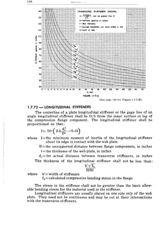 148
140
130
120
110
! 100
.=
90.-
go
180
j 70
~
;, 60
50
40
30
H
+
3ie"
5/IS'
TRANSVERSE STIFFENER SPACING
d. II ~O t • but not IiIr.oter than 0
d· Stiffener apocing in inches
t· Web thickn...
f • AveraQe calculated unit shear sfreso in web
D· Depth of web
o I 2 3 4 5 6 7 8 9 10 12 14 16 18 20 22 24 26 28 30 32
'v. (ksi)
FIGURE 1.7.71 A
(See page 149 for Figure L7.71B)
1.7.72 - LONGITUDINAL STIFFENERS
The centerline of a plate longitudinal stiffener or the gage line of an
angle longitUdinal stiffener shall be D/5 from the inner surface or leg of
the compression flange component. The longitudinal stiffener shall be
proportioned so that:
1= Dt3( 2.4 ~~ -0.13)
where I=the minimum moment of inertia of the longitudinal stiffener
about its edge in contact with the web plate.
D=the unsupported· distance between flange components, in inches
t=the thickness of the web plate, in inches
do=the actual distance between transverse stiffeners, in inches
The thickness of the longitudinal stiffener shall not be less than:
b'yfb
2250
where b'=width of stiffeners
fb= calculated compressive bending stress in the flange
The stress in the stiffener shall not be greater than the basic allow-
able bending stress for the material used in the stiffener.
Longitudinal stiffeners are usually placed on one side only of the web
plate. They need not be continuous and may be cut at their intersections
with the transverse stiffeners.
 