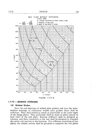 1.7.72
240
220
200
180
160
~ 140
.:.;
>
120
100
80
U
60
40
30
DESIGN
WEB PLATE WITHOUT STIFFENERS
V= 10101 shear
tv= average calculated unit shear stress in web
I" thickness of web plate
D" depth of web plate in inches
1/
f "IOksi
;~~ ~
/6'"
D I'
75
fv~ 5 ksl
/. oS
' '6>.
1,
~~..9
~~~
':' L
'-'.... /
IL -';'"
I !It"2.5ksi
D
150
1'.... ;>0-
"/is'''
" -f-
l. oJ
'8"
1.$
'1s
40 50 60 70 80 90 100
D (inches)
FIGURE 1.7.71 B
1.7.73 - BEARING STIFFENERS
(A) Welded Girders
149
/'£~-
v"-
I"
110
Over the end bearings of welded plate girders and over the inter-
mediate bearings of continuous welded plate girders there shall be
stiffeners. They shall extend as nearly as practicable to the outer edges
of the flange plates. They preferably shall be made of plates placed on
both sides of the web plate: Bearing stiffeners shall be designed as
columns, and their connection to the web shall be designed to transmit
the entire end reaction to the bearings. For stiffeners consisting of two
plates, the column section shall be assumed to comprise the two plates
 