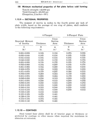 244 HIGHWAY J:HtlJJulCo'"
(B) Minimum mechanical properties of flat plate before cold forming:
Tensile strength =42,000 psi
Yield Strength=28,000 psi
Elongation, 2 inches=30%
1.13.9 - SECTIONAL PROPERTIES
The moment of inertia in inches to the fourth power per inch of
plate width, based on the average of one ring of plates, shall conform
to the following requirements:
4-Flanged 2-Flanged Plate
Cross Cross
Required Moment Section Section
of Inertia Thickness Area Thickness Area
I T A T A
in.' in. in." in. in."
0.031-0.035 0.105 0.134 0.075 0.096
0.036-0.040 0.105 0.134 0.105 0.135
0.041-0.045 0.105 0.134 0.105 0.135
0.046-0.050 0.135 0.172 0.135 0.174
0.051-0.055 0.135 0.172 0.135 0.174
0.056-0.060 0.164 0.209 0.135 0.174
0.061-0.065 0.164 0.209 0.164 0.213
0.066-0.070 0.164 0.209 0.164 0.213
0.071-0.075 0.179 0.227 0.164 0.213
0.076-0.080 0.209 0.264 0.179 0.233
0.081-0.085 0.209 0.264 0.179 0.233
0.086-0.090 0.250 0.313 0.209 0.272
0.091-0.095 0.250 0.313 0.209 0.272
0.096-0.100 0.250 0.313 0.209 0.272
0.101-0.105 0.313 0.388 0.239 0.312
0.106-0.110 0.313 0.388 0.239 0.312
0.111-0.115 0.313 0.388 0.239 0.312
0.116-0.120 0.313 0.388
0.121-0.125 0.375 0.461
0.126-0.130 0.375 0.461
0.131-0.135 0.375 0.461
0.136-0.140 0.375 0.461
1.13.10 - COATINGS
Steel tunnel liner plates shall be of heavier gage or thickness or
protected by coatings or other means when required for resistance to
abrasion or corrosion.
 