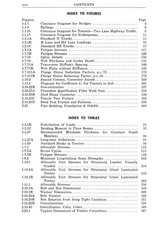 xxx
Figures
1.1.7
1.1.9
1.1.15
1.1.17
1.2.5A
1.2.5B
1.2.5C
1.7.3A
1.7.3B
1.7.19
1.7.70
1.7.71A
1.7.71B
1.7.111A
1.7.111B
1.10.2
1.13.1
2.10.22B
2.10.23A
2.10.23B
2.10.23C
2.10.23D
2.23
1.3.1B
1.3.1C
1.5.27
1.5.27A
1.5.29
1.7.1
1.7.3A
1.7.3B
1.8.2
1.10.1
1.10.1A
1.10.lB
1.11.5
2.10.3A
2.10.3B
2.10.20A
2.10.20B
2.10.22B
2.10.43
2.20.1
CONTENTS
INDEX TO FIGURES
Page
Clearance Diagram for Bridges. . . . . . . . . . . . . . . . . . . . . . . . . . . 4
Railings ............................................... 6
Clearance Diagram for Tunnels-Two Lane Highway Traffic. 9
Clearance Diagram for Underpasses. . . . . . . . . . . . . . . . . . . . . . . 11
Standard H Trucks. . . . . . . . . . . . . . . . . . . . . . . . . . . . . . . . . . . . . . 15
H Lane and HS Lane Loadings ......................... " 16
Standard HS Trucks .................... , ... ............. 17
Fatigue Stresses ........................................ 117
Fatigue Stresses ............................... . . . . . . . .. 120
Splice Details .......................................... 130
Web Thickness and Girder Depth .................... C" " 145
Transverse Stiffener Spacing......................... . . .. 148
Web Plate without Stiffeners. . . . . . . . . . . . . . . . . . . . . . . . . . . .. 149
Flange Stress Reduction Factors, a..=.72......... ......... 172
Flange Stress Reduction Factor, a.. = .50. . . . . . . . . . . . . . . . . . .. 172
Spaced Column, Connector Joined. . . . . . . . . . . . . . . . . . . . . . . .. 229
Diagram for Coefficient Cd for Tunnels in Soil. . . . . . . . . . . . .. 241
Discontinuities ......................................... 327
Procedure Qualification Fillet Weld Test. . . . . . . . . . . . . . . . . .. 334
Stud Shear Connector ................................... 338
Tensile Test Fixture .................................... 339
Bend Test Fixture and Failures. . . . . . . . . . . . . . . . . . . . . . . . . .. 339
Pipe Bedding, Foundation & Sidefill. . . . . . . . . . . . . . . . . . . . . .. 403
INDEX TO TABLES
Distribution of Loads ............................... 31
Bending Moment in Floor Beams . . . . . . . . . . . . . . . . . . . . . . . . . 33
Recommended Minimum Thickness for Constant Depth
Members.................................... ........ . 90
Long-time Deflections ................................... 91
Standard Hooks in Tension .............................. 94
Allowable Stresses ...................................... 112
Stress Cycles ........................................... 115
Fatigue Stresses ........................................ 118
Minimum Longitudinal Seam Strengths ................... 202
Allowable Unit Stresses for Structural Lumber Visually
Graded .............................................. 210
Allowable Unit Stresses for Structural Glued Laminated
Timber .............................................. 218
Allowable Unit Stresses for Structural Glued Laminated
Timber .............................................. 222
Allowable Stresses ...................................... 236
Bolt and Nut Dimensions ................................ 309
'''asher Dimensions ..................................... 309
Bolt Tension ........................................... 322
Nut Rotation from Snug Tight Condition. .. .. . .. . ... .. . . .. 323
Discontinuities ......................................... 326
Identification Color Codes................................ 348
Typical Dimensions of Timber Connectors. . . . . . . . . . . . . . . . .. 387
 