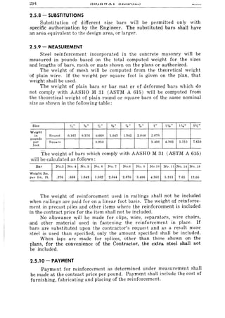 tllJO VV.11...1 D'£'.1J..JU.C.o..::>
2.5.8 - SUBSTITUTIONS
Substitution of different size bars will be permitted only with
specific authorization by the Engineer. The substituted bars shall have
an area equivalent to the design area, or larger.
2.5.9 - MEASUREMENT
Steel reinforcement incorporated in the concrete masonry will be
measured in pounds based on the total computed weight for the sizes
and lengths of bars, mesh or mats shown on the plans or authorized.
The weight of mesh will be computed from the theoretical weight
of plain wire. If the weight per square foot is given on the plan, that
weight shall be used.
The weight of plain bars or bar mat or of deformed bars which do
not comply with AASHO M 31 (ASTM A 615) will be computed from
the theoretical weight of plain round or square bars of the same nominal
size as shown in the following table:
Size l,~ " 'Ys" V:.:" %" %," "Va" I" 1 %~," P4" 1%"
Weight
in Round 0.167 0.376 0.66g 1.043 1.502 2.044 2.670
pounds
per Square 0.850 3.400 4.~03 5.313 7.650
foot
The weight of bars which comply with AASHO M 31 (ASTM A 615)
will be calculated as follows:
Bar No.3 No.4 No.5 No.6 No.7 No.8 No.9 No.IO No.lt No. 14 No. 18
Weight lbs.
per lin. ft. .376 .668 1.043 1.502 2.044 2.670 3.400 4.303 5.313 7.65 13.60
The weight of reinforcement u,,;ed in railings shall not be included
when railings are paid for on a linear foot basis. The weight of reinforce-
ment in precast piles and other items where the reinforcement is included
in the contract price for the item shall not be included.
No allowance will be made for clips, wire, separators, wire chairs,
and other material used in fastening the reinforcement in place. If
bars are substituted upon the contractor's request and as a result more
steel is used than specified, only the amount specified shall be included.
When laps are made for splices, other than those shown on the
plans, for the convenience of the Contractor, the extra steel shall not
be included.
2.5.10 - PAYMENT
Payment for reinforcement as determined under measurement shall
be made at the contract price per pound. Payment shall include the cost of
furnishing, fabricating and placing of the reinforcement.
 