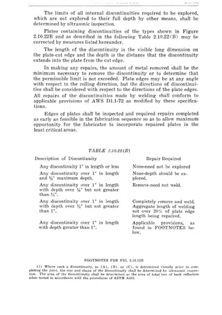 The limits of all internal discontinuities required to be explored,
which are not explored to their full depth by other means, shall be
determined by ultrasonic inspection.
Plates containing discontinuities of the types shown in Figure
2.10.22B and as described in the following Table 2.10.22 (B) may be
corrected by measures listed hereunder.
The length of the discontinuity is the visible long dimension on
the plate-cut edge and the depth is the distance that the discontinuity
extends into the plate from the cut edge.
In making any repairs, the amount of metal removed shall be the
minimum necessary to remove the discontinuity or to determine that
the permissible limit is not exceeded. Plate edges may be at any angle
with respect to the rolling direction, but the directions of discontinui-
ties shall be considered with respect to the directions of the plate edges.
All repairs of the discontinuities made by welding shall conform to
applicable provisions of AWS D1.1-72 as modified by these specifica-
tions.
Edges of plates shall be inspected and required repairs completed
as early as feasible in the fabrication sequence so as to allow maximum
opportunity for the fabricator to incorporate repaired plates in the
least critical areas.
TABLE 2.10.22 (B)
Description of Discontinuity
Any discontinuity 1" in length or less
Any discontinuity over 1" in length
and 1,,{;" maximum depth.
Any discontinuity over 1" in length
with depth over l,,{;" but not greater
than 14".
Any discontinuity over 1" in length
with depth over %" but not greater
than 1".
Any discontinuity over 1" in length
with depth greater than 1".
Repair Required
None-need not be explored
None-depth should be ex-
plored.
Remove-need not weld.
Completely remove and weld.
Aggregate length of welding
not over 20% of plate edge
length being repaired.
Applicable prOVISIOns, as
found in FOOTNOTES be-
low.
FOOTNOTES FOR FIG. 2.10.22B
(]) Where such a discontinuity. as (A), (B), or (C). is determined visualJy prior to com-
pleting the joint, the size and shape of the discontinuity shall be determined by ultrasonic inspec-
tion. The area of the discontinuity shall be determined as the area of total loss of back reflection
when tested in accordance with the procedures of ASTM A435.
 