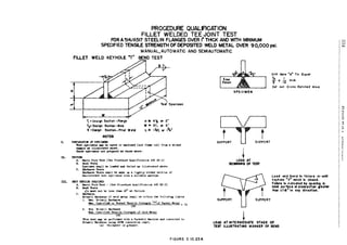 PROCEDURE QUALflCATION
FILLET WELDED TEE JOINT TEST
FOR A514/A517 STEELIN FLANGES OVER I" THICK AND WITH MINIMUM
SPECIFIED TENSILE STRENGTH OF DEPOSITED WELD METAL OVER 90,000 psi.
MANUAL,AUTOMATIC AND SEMIAUTOMATIC
FILLET WELD KEYHOLE "T. BEND· TEST
TI • OOllgn Secllon -Flanuo
Te" Oo.lgn Soctlon-Wob
S -O..lgn Soctlon- Fillet Wold
NOTES
1. PREPARATlClf 0' SI'ECDDS
H a 4Tz or 2"
W" 3TI at ~"
L.;>: IT, Of I".'
'1!tat BpeciJlena .., be saYed or mach1Ded (not rlaae cut) trca a 'llelded
aaaple u lUuatrated abaft.
TheM at:ec1Dena are prepaI"!d as show. above.
n. 'l'ESTII1U
A. Macro Etch Test (See Procedure Q1&llfieatlOl1 AWS 02.0)
B. Bend Teat.
Spee1meD sball be loa4ed BDd failed as illustrated abov~.
C. BardDeaa Teate
llardDeu 'l'ests sball be mad.e! OIl a lightly ~tebed sectioo of
MAcroet.ebed teat Bpecimec'8 with a Buitable machine.
Ill. D:ST mUV15 REllUlRED
A. Macro Etch Test ~ (See PrOCMurt! Qualitication A'rt5 D:2.0)
B. Bend '!'est.
L. s aat Dot be leas than 1.80 at failure
C. BardDe••
BriDell Hardneu of wId IIetal shall ~ W'ithin the following la1ta
L Max. BriDell RardlleIUI
Max. Specified or reated 'l"eIlBlle StreDftb {alar P~nt Metal 10
500 •
2. Min. Brinl!'ll H&rdoe-sa
MiD. Speeif1e4 'I'enDlle Strell§'th o~ '..Jeld Metal
500
Tbis test aa;y be p!rformed with a RockWell MachIne and converted to
BriDell Rardnus using AS'1)I cODversion cnart.
(a) Wb.iehev~r is greater.
FIGURE 2.IO.23A
SPEOIMEN
~L.OAO AT
BEGIININ6 OF TEST
!
Drill Hole 1I A- To Equal
t + fs inch
Cut out Cros, Hatched Art.a
Load and bend to fallur. or unffi
koyhole ·V· notch II clo.ed.
Failure 10 in dlcatod b, op onlng In
.eld lur!ac. at crasuctlon groater
than 1/16' In an, direct1o••
L.OAD AT INTERMEDIATE STAGE 0'TEST lL.lUSTRATING MANNER OF BEND
 