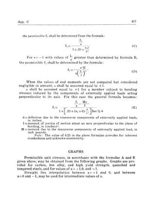 App. C
the permissible L shall be determined from the formula:
J,_
f, = ~"_"__1)" ___"_"_
1+.25+ e,.~
r-
417
(G)
For a= -1 with values of L_ greater than determined by formula B,
r
the permissible fs shall be determined by the formula:
7r"E
f,=-(C),,-1) - -
r
(D)
When the values of end moments are not computed but considered
negligible in amount, n shall be assumed equal to +l.
n shall be assumed equal to +1 for a member subject to bending
stresses induced by the components of externally applied loads acting
perpendicular to its axis. For this case the general" formula becomes:
f, Mc
f, =____ --;; -~I=_____"_
1 +[ .25+ (e, +d) ~?"-J Sec lh <>
(El
d= deflection due to the transverse components of externally applied loads,
in inches.
I = moment of inertia of section about an axis perpendicular to the plane of
bending, in (inches)4.
M= moment due to the transverse components of externally applied load, in
inch pounds.
Note: The value of 0.25 in the above formulas provides for inherent
crookedness and unknown eccentricity.
GRAPHS
Permissible unit stresses, in accordance with the formulas A and B
given above, may be obtained from the following graphs. Graphs are pro-
vided for carbon, low alloy, and high yield strength, quenched and
tempered steels, and for values of a = +1,0, and -l.
Straight line interpolation between a= + 1 and 0, and between
a=O and -1, may be used for intermediate values of a.
 
