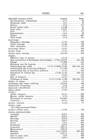 INDEX 435
Allowable stresses, cont'd. Article Page
Reinforcement, compression ....................... 1.5.7. . . . . . . . . . .. 64
Retaining walls .................................. 1.4.1. . . . . . . . . . .. 40
Rollers .......................................... 1.7.4 ............ 117
Round timber piles .............................. 1.4.4B . . . . . . . . . . .. 41
Steel piles ..................................... 1.4.4C. . . . . . . . . . .. 43
Steel ............................................ 1.7.1 ............ 111
Substructures .................................... 1.4.1. . . . . . . . . . .. 40
Timber ......................................... 1.10.1 ............ 207
Weld metal ...................................... 1.7.2 ............ 115
Anchorage:
Expansion bearings ............................. 1.7.50 ............ 138
Fixed bearings .................................. 1.7.49 ............ 138
Steel structures ................................. 1.7.55 ............ 139
Anchorage Zones .................................. 1.6.15 ............ 106
Anchor bolts ...................................... 1.7.55 ............ 139
Anchor bolts, erection ............................. 2.10.56 ............ 352
Angles:
Effective area in tension ......................... 1.7.14 ............ 127
End connections of floorbeams and stringers .. 1.7.61,2.10.27 ........ 141,342
Flange ........................................ 1.7.69B ............ 143
Minimum size for bracing ........................ 1.7.21 ............ 131
Outstanding leg, width .............. 1.7.15, 1.7.69B, 1.7.88 .... 128,143,156
Outstanding leg of bearing stiffeners ............. 1.7.73B ............ 150
Outstanding legs of tranverse stiffeners ............ 1.7.71 ............ 146
Placement of vertical leg ................... 1.7.24, 1.7.76 ........ 132,151
Shelf .......................................... 1.7.61 ............ 141
Size of fastener ................................. 1.7.35 ............ 134
Thickness of metal ................... 1.7.15, 1.7.69, 1.7.88 .... 128,143,156
Angles of repose ................................... 1.4.3............ 41
Annealing and stress relieving .................... 2.10.34............ 344
Application of loadings .............................. 1.2.8. . . . . . . . . . .. 19
Approach embankment ............................. 2.1.10 ............ 250
Apron plates ...................................... 1.7.60 ............ 140
Arches:
Ashlar masonry ................................. 2.6.15 ............ 299
Mortar rubble masonry ........................... 2.7.8 ............ 302
Placement of concrete .......................... 2.4.10D ............ 275
Voussoirs ....................................... 2.6.15 ............ 299
Arches, concrete .................................. 1.5.10. . . . . . . . . . .. 71
Arches-pipe
(See Pipe-structural Plate)
Arches-ribbed steel ............................... 1.7.90 ............ 158
Arches, structural plate
Assembly ....................................... 2.23.3............ 400
Backfill ........................................ 2.23.9. . . . . . . . . . .. 402
Bearings ....................................... 2.23.9............ 402
Bracing ........................................ 2.23.7............ 402
Cover ........................................... 1.9.3 ............ 206
Headwalls ...................................... 2.23.9 ............ 402
Inspection ..................................... 2.23.11............ 404
Measurement .................................. 2.23.12. . . . . . . . . . .. 404
Multiple ................................... 1.9.5,2.23.9 ........ 207,402
Payment ...................................... 2.23.13 . . . . . . . . . . .. 404
Rise to span ratio ................................. 1.9.2 ............ 206
Substructures ................................... 2.23.9............ 402
 