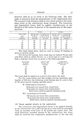 1.2.14 DESIGN 25
direction shall be as set forth in the following table. The skew
angle is measured from the perpendicular to the longitudinal axis.
The assumed wind direction shall be that which produces the maxi-
mum stress in the substructure being designed. The transverse
and longitudinal forces shall be applied simultaneously at the
elevation of the center of gravity of the exposed area of the super-
structure. .
Trusses Girders
Skew Angle Lateral Load Longitudinal Lateral Load - Longitudinal
of Per Sq. Ft. Load Per Sq. Per Sq. Ft. Load Per Sq.
Wind of Area Ft. of Area of Area Ft. of Area
(Degrees) (Pounds) (Pounds) (Pounds) ( Pounds)
0 75 0 50 0
15 70 12 44 6
30 65 28 41 12
45 47 41 33 16
60 25 50 17 19
The loads listed above shall be used in Group II loading as
given in Article 1.2.22.
For Group III loading, these loads may be reduced 70 per cent
and there shall be added thereto, as a wind load on a moving live
load, a load per linear foot as given in the following table:
Skew Angle
of Wind
( Degrees)
Lateral Load
Per Lin. Ft.
(Pounds)
Longitudinal
Load Per Lin. Ft.
(Pounds)
o
15
30
45
60
100
88
82
66
34
o
12
24
32
38
This load shall be applied at a point 6 feet above the deck.
For the usual girder and slab bridges having maximum span
lengths of 125 feet, the following wind loading may be used in lieu
of the more precise loading specified above:
W (wind load on structure)
50 pounds per square foot, transverse;
12 pounds per square foot, longitudinal.
Both forces shall be applied simultaneously.
WL (wind load on live load)
100 pounds per linear foot, transverse;
40 pounds per linear foot, longitudinal.
Both forces shall be applied simultaneously.
(2) Forces applied directly to the substructure
The transverse and longitudinal forces to qe applied directly
to the substructure for a 100 mile per hour wind shall be calculated
from an assumed wind force of 40 pounds per square foot. For
wind directions assumed skewed to the substructure this force
shall be resolved into components perpendicular to the end and
 