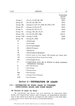 1.2.22
Group I
Group II
Group III
Group IV
Group V
Group VI
Group VII
Group VIII
Group IX
D
L
I
E
B
W
DESIGN
=D+L+I+E+B+SF
=D+E+B+SF+ W
=Group 1+ LF+F+30% W +WL+CF
=Group I+R+S+T
=Group II+R+S+T
=Group III+R+S+T
=D+E+B+SF+EQ
=Group I+ICE
=Group II+ICE
=Dead Load
=Live Load
= Live Load Impact
= Earth Pressure
=Buoyancy
=Wind Load on Structure
29
Percentage
of Unit
Stress
100%
125%
125%
125%
140%
140%
133Y:;%
140%
150%
WL = Wind Load on Live Load-100 pounds per linear foot
LF
CF
F
R
S
T
EQ
SF
ICE
= Longitudinal Force from Live Load
=Centrifugal Force
= Longitudinal force due to friction or shear resistance
(elastomeric bearings).
= Rib Shortening
= Shrinkage
= Temperature
= Earthquake
= Stream Flow Pressure
= Ice Pressure
Section 3-DISTRIBUTION Of LOADS
1.3.1 - DISTRIBUTION OF WHEEL LOADS TO STRINGERS,
LONGITUDINAL BEAMS AND FLOOR BEAMS *
(AI Position of Loads for Shear
In calculating end shears and end reactions in transverse floor
beams and longitudinal beams and stringers, no longitudinal distribu-
tion of the wheel load shall be assumed for the wheel or axle load adja-
cent to the end at which the stress is being determined.
* Provisions in this Article shall not apply to orthotropic deck bridges.
 