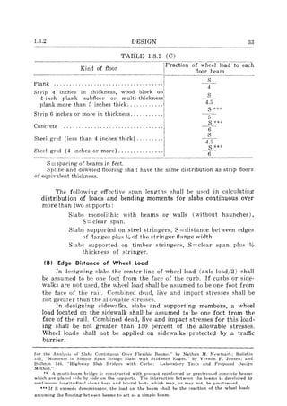1.3.2 DESIGN 33
TABLE 1.3.1 (C)
Kind of floor
Plank ................................... .
Strip 4 inches in thickness, wood block on
4-inch plank subfloor or multi-thickness
plank more than 5 inches thick ........... .
Strip 6 inches or more in thickness .......... .
Concrete
Steel grid (less than 4 inches thick) ........ .
Steel grid (4 inches or more) .............. .
S = spacing of beams in feet.
Fraction of wheel load to each
floor beam
S
4
S
4.5
S ***
5
S ***
6
S
4.5
S ***-6-
Spline and doweled flooring shall have the same distribution as strip floors
of equivalent thickness.
The following effective span lengt.hs shall be used in calculating
distribution of loads and bending moments for slabs continuous over
more than two supports:
Slabs monolithic with beams or walls (without haunches),
S=clear span.
Slabs supported on steel stringers, S =distance between edges
of flanges plus Y:! of the stringer flange width.
Slabs supported on timber stringers, S=clear span plus lh
thickness of stringer.
(B) Edge Distance of Wheel Load
In designing slabs the center line of wheel load (axle load/2) shall
be assumed to be one foot from the face of the curb. If curbs or side-
walks are not used, the wh('el load shall be assumed to be one foot from
the face of the rail. Combined dead, live and impact stresses shall be
not greater than the allowable stresses.
In designing sidewalks, slabs and supporting members, a wheel
load located on the sidewalk shall be assumed to be one foot from the
face of the rail. Combined dead, live and impact stresses for this load-
ing shall be not greater than 150 percent of the allowable stresses.
Wheel loads shall not be applied on sidewalks protected by a traffic
barrier.
for the Analysis of Slabs Continuous Over Flexible Beams," by Nathan M. Newmark; Bulletin
a15, "Moments in Simple Span Bridge Slabs with Stiffened Edges," by V('rnon P. Jensen; and
Bulletin ;)46. "Highway Slab Bridges with CurLs: Lauuntory Tests and P,-oposed IJ~sign
Method."
h A multi-beam hl'idge is constructed with precast reinforced or prestr(lssed concrt!te lwams
which are placed sine by side on the supports. The interactio'n between the beams is developed by
continuou~ longitUdinal shear key::; and lateral bolts which may, or may not, be prestres::;ed.
*** If S exceeds denominator, the load on the beam shall be the reaction of the wheel load5
assuming the flooring between beams to act as a simple beam.
 