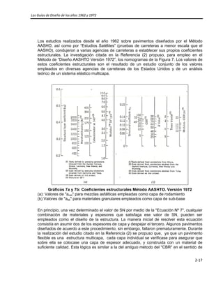 Las Guías de Diseño de los años 1962 y 1972 
 
2‐17 
 
Los estudios realizados desde el año 1962 sobre pavimentos diseñados por el Método
AASHO, así como por “Estudios Satélites” (pruebas de carreteras a menor escala que el
AASHO), condujeron a varias agencias de carreteras a establecer sus propios coeficientes
estructurales. La investigación citada en la Referencia (2) propuso, para empleo en el
Método de “Diseño AASHTO Versión 1972”, los nomogramas de la Figura 7. Los valores de
estos coeficientes estructurales son el resultado de un estudio conjunto de los valores
empleados en diversas agencias de carreteras de los Estados Unidos y de un análisis
teórico de un sistema elástico multicapa.
Gráficos 7a y 7b: Coeficientes estructurales Método AASHTO. Versión 1972
(a): Valores de "arod" para mezclas asfálticas empleadas como capa de rodamiento
(b) Valores de "asb" para materiales granulares empleados como capa de sub-base
En principio, una vez determinado el valor de SN por medio de la "Ecuación Nº 7", cualquier
combinación de materiales y espesores que satisfaga ese valor de SN, pueden ser
empleados como el diseño de la estructura. La manera inicial de resolver esta ecuación
consistía en asumir dos de los espesores de capa y despejar el tercero. Algunos pavimentos
diseñados de acuerdo a este procedimiento, sin embargo, fallaron prematuramente. Durante
la realización del estudio citado en la Referencia (2) se propuso que, ya que un pavimento
flexible es una estructura multicapa, cada capa individual se verificase para asegurar que
sobre ella se colocase una capa de espesor adecuado, y construida con un material de
suficiente calidad. Esta lógica es similar a la del antiguo método del "CBR" en el sentido de
 