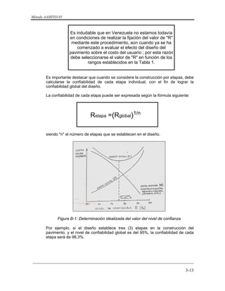 Método AASHTO-93
_________________________________________________________________________
3-13
Es indudable que en Venezuela no estamos todavía
en condiciones de realizar la fijación del valor de "R"
mediante este procedimiento, aún cuando ya se ha
comenzado a evaluar el efecto del diseño del
pavimento sobre el costo del usuario ; por esta razón
debe seleccionarse el valor de "R" en función de los
rangos establecidos en la Tabla 1.
Es importante destacar que cuando se considere la construcción por etapas, debe
calcularse la confiabilidad de cada etapa individual, con el fin de lograr la
confiabilidad global del diseño.
La confiabilidad de cada etapa puede ser expresada según la fórmula siguiente:
Retapa =( )Rglobal
1/n
siendo "n" el número de etapas que se establecen en el diseño.
Figura B-1: Determinación idealizada del valor del nivel de confianza
Por ejemplo, si el diseño establece tres (3) etapas en la construcción del
pavimento, y el nivel de confiabilidad global es del 95%, la confiabilidad de cada
etapa será de 98,3%.
 