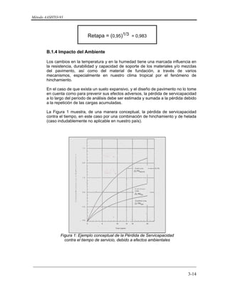 Método AASHTO-93
_________________________________________________________________________
3-14
Retapa = (0,95)1/3 = 0,983
B.1.4 Impacto del Ambiente
Los cambios en la temperatura y en la humedad tiene una marcada influencia en
la resistencia, durabilidad y capacidad de soporte de los materiales y/o mezclas
del pavimento, así como del material de fundación, a través de varios
mecanismos, especialmente en nuestro clima tropical por el fenómeno de
hinchamiento.
En el caso de que exista un suelo expansivo, y el diseño de pavimento no lo tome
en cuenta como para prevenir sus efectos adversos, la pérdida de servicapacidad
a lo largo del período de análisis debe ser estimada y sumada a la pérdida debido
a la repetición de las cargas acumuladas.
La Figura 1 muestra, de una manera conceptual, la pérdida de servicapacidad
contra el tiempo, en este caso por una combinación de hinchamiento y de helada
(caso indudablemente no aplicable en nuestro país).
Figura 1: Ejemplo conceptual de la Pérdida de Servicapacidad
contra el tiempo de servicio, debido a efectos ambientales
 