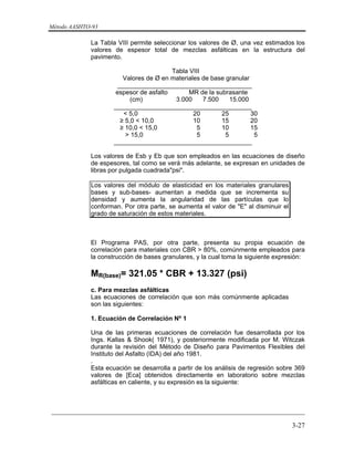 Método AASHTO-93
_________________________________________________________________________
3-27
La Tabla VIII permite seleccionar los valores de Ø, una vez estimados los
valores de espesor total de mezclas asfálticas en la estructura del
pavimento.
Tabla VIII
Valores de Ø en materiales de base granular
______________________________________
espesor de asfalto MR de la subrasante
(cm) 3.000 7.500 15.000
_______________________________________
< 5,0 20 25 30
≥ 5,0 < 10,0 10 15 20
≥ 10,0 < 15,0 5 10 15
> 15,0 5 5 5
_______________________________________
Los valores de Esb y Eb que son empleados en las ecuaciones de diseño
de espesores, tal como se verá más adelante, se expresan en unidades de
libras por pulgada cuadrada"psi".
Los valores del módulo de elasticidad en los materiales granulares
bases y sub-bases- aumentan a medida que se incrementa su
densidad y aumenta la angularidad de las partículas que lo
conforman. Por otra parte, se aumenta el valor de "E" al disminuir el
grado de saturación de estos materiales.
El Programa PAS, por otra parte, presenta su propia ecuación de
correlación para materiales con CBR > 80%, comúnmente empleados para
la construcción de bases granulares, y la cual toma la siguiente expresión:
MR(base)= 321.05 * CBR + 13.327 (psi)
c. Para mezclas asfálticas
Las ecuaciones de correlación que son más comúnmente aplicadas
son las siguientes:
1. Ecuación de Correlación Nº 1
Una de las primeras ecuaciones de correlación fue desarrollada por los
Ings. Kallas & Shook( 1971), y posteriormente modificada por M. Witczak
durante la revisión del Método de Diseño para Pavimentos Flexibles del
Instituto del Asfalto (IDA) del año 1981.
.
Esta ecuación se desarrolla a partir de los análisis de regresión sobre 369
valores de [Eca] obtenidos directamente en laboratorio sobre mezclas
asfálticas en caliente, y su expresión es la siguiente:
 