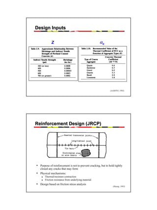 Design Inputs
Z

αc

(AASHTO, 1993)

Reinforcement Design (JRCP)

• Purpose of reinforcement is not to prevent cracking, but to hold tightly
closed any cracks that may form

• Physical mechanisms:
Thermal/moisture contraction
Friction resistance from underlying material

• Design based on friction stress analysis

(Huang, 1993)

46

 