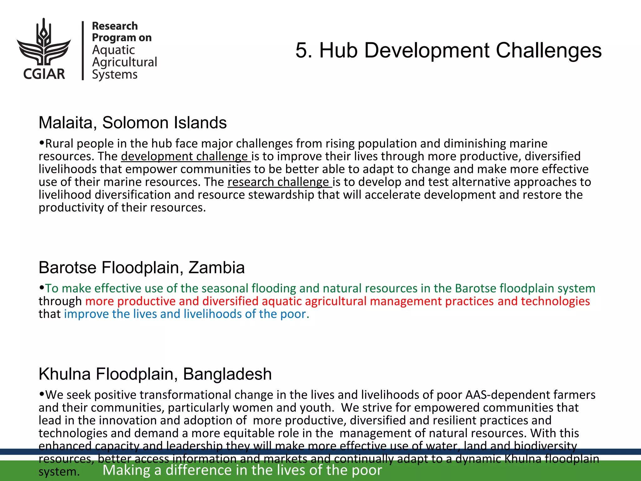5. Hub Development Challenges


Malaita, Solomon Islands
•Rural people in the hub face major challenges from rising population and diminishing marine
resources. The development challenge is to improve their lives through more productive, diversified
livelihoods that empower communities to be better able to adapt to change and make more effective
use of their marine resources. The research challenge is to develop and test alternative approaches to
livelihood diversification and resource stewardship that will accelerate development and restore the
productivity of their resources.



Barotse Floodplain, Zambia
•To make effective use of the seasonal flooding and natural resources in the Barotse floodplain system
through more productive and diversified aquatic agricultural management practices and technologies
that improve the lives and livelihoods of the poor.



Khulna Floodplain, Bangladesh
•We seek positive transformational change in the lives and livelihoods of poor AAS-dependent farmers
and their communities, particularly women and youth. We strive for empowered communities that
lead in the innovation and adoption of more productive, diversified and resilient practices and
technologies and demand a more equitable role in the management of natural resources. With this
enhanced capacity and leadership they will make more effective use of water, land and biodiversity
resources, better access information and markets and continually adapt to a dynamic Khulna floodplain
system.      Making a difference in the lives of the poor
 