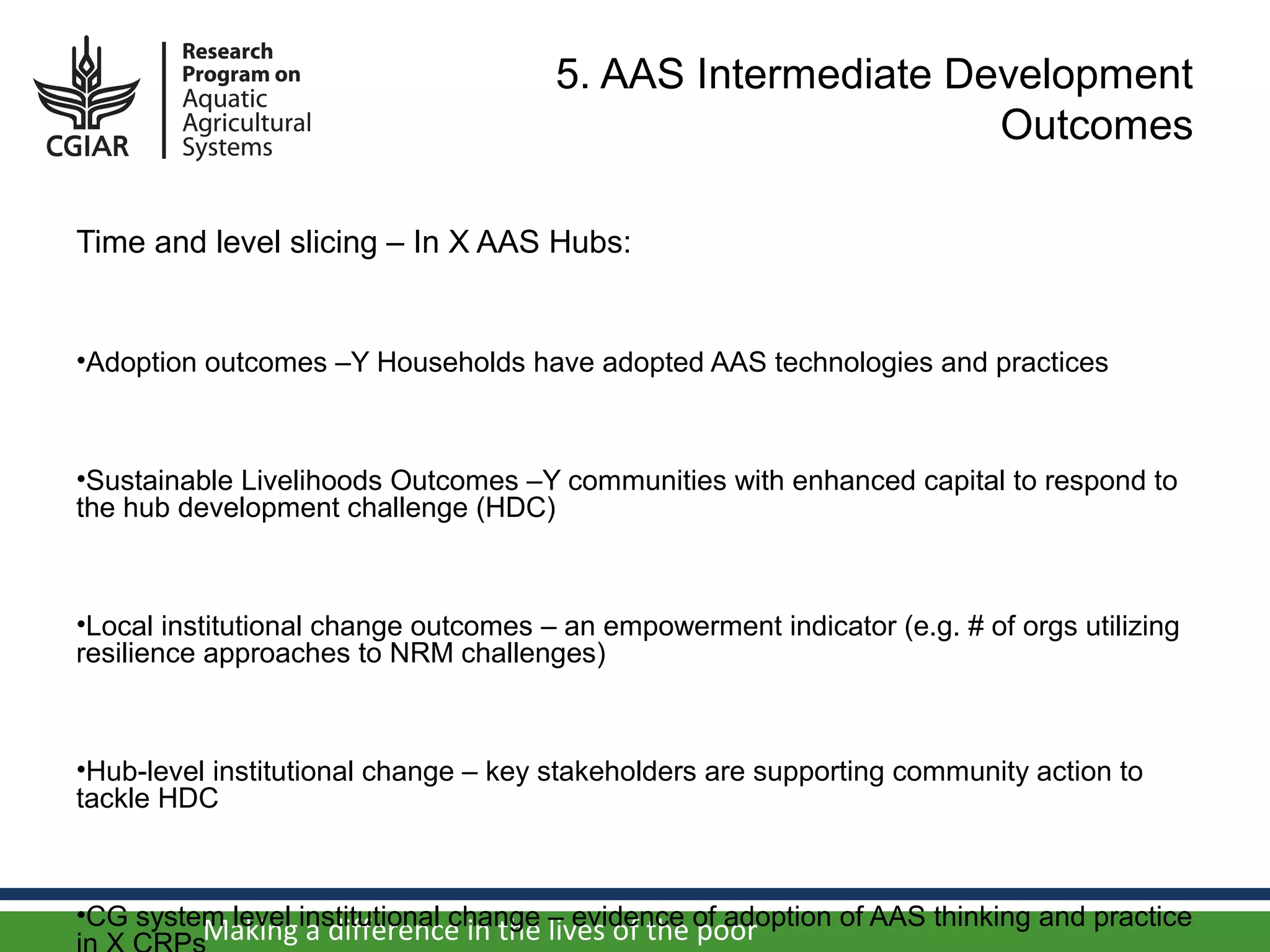 5. AAS Intermediate Development
                                                            Outcomes

Time and level slicing – In X AAS Hubs:


•Adoption outcomes –Y Households have adopted AAS technologies and practices



•Sustainable Livelihoods Outcomes –Y communities with enhanced capital to respond to
the hub development challenge (HDC)



•Local institutional change outcomes – an empowerment indicator (e.g. # of orgs utilizing
resilience approaches to NRM challenges)



•Hub-level institutional change – key stakeholders are supporting community action to
tackle HDC



•CG system level institutional change – evidence of adoption of AAS thinking and practice
         Making a difference in the lives of the poor
 