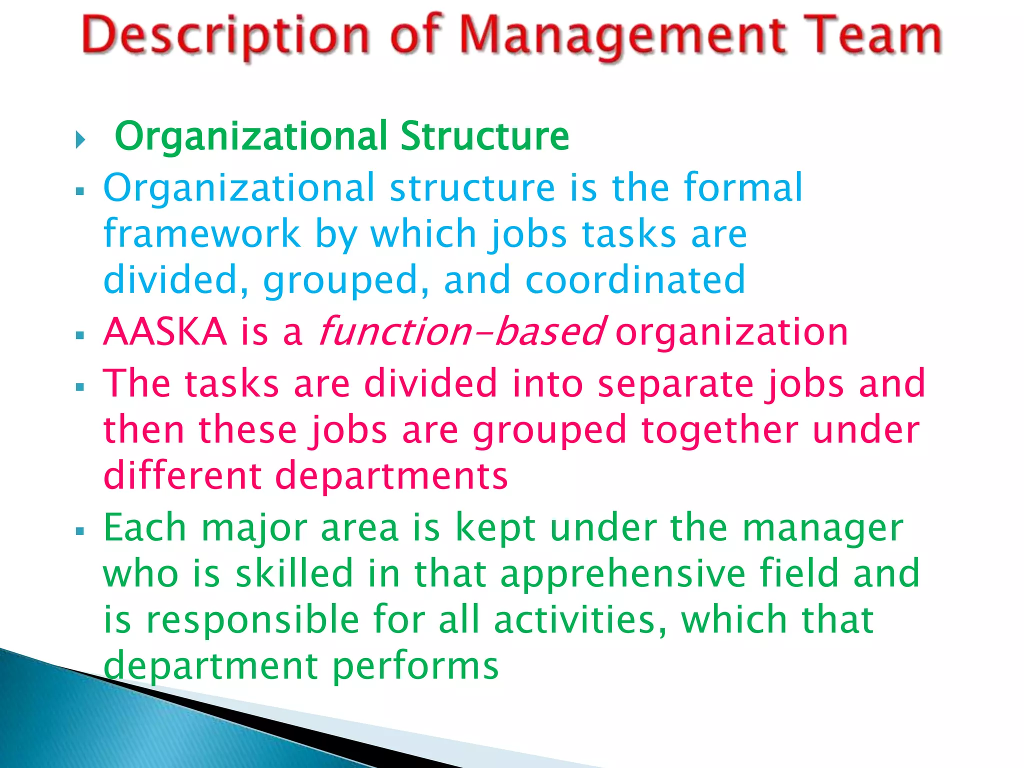 







Organizational Structure
Organizational structure is the formal
framework by which jobs tasks are
divided, grouped, and coordinated
AASKA is a function-based organization
The tasks are divided into separate jobs and
then these jobs are grouped together under
different departments
Each major area is kept under the manager
who is skilled in that apprehensive field and
is responsible for all activities, which that
department performs

 