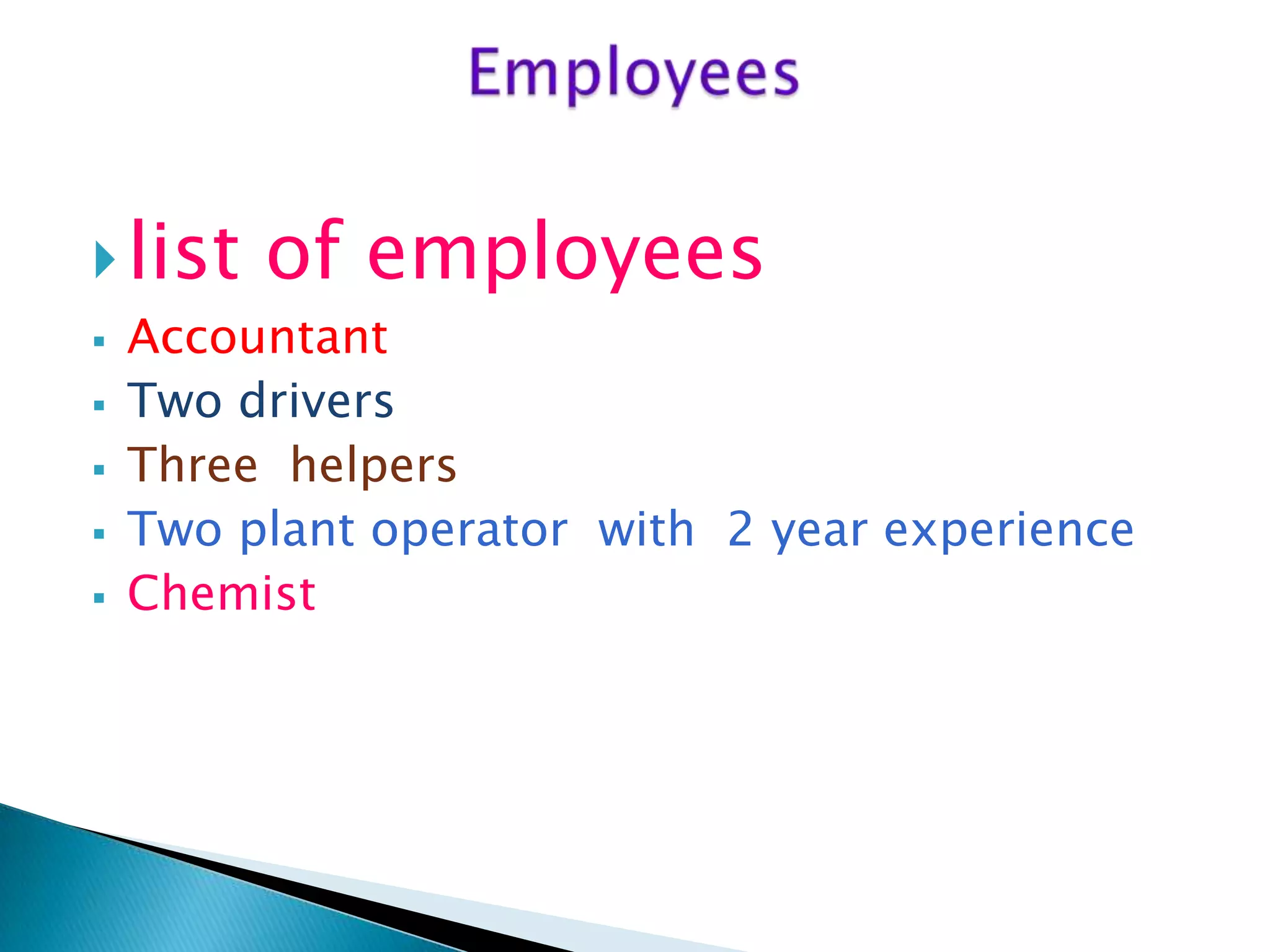  list






of employees

Accountant
Two drivers
Three helpers
Two plant operator with 2 year experience
Chemist

 