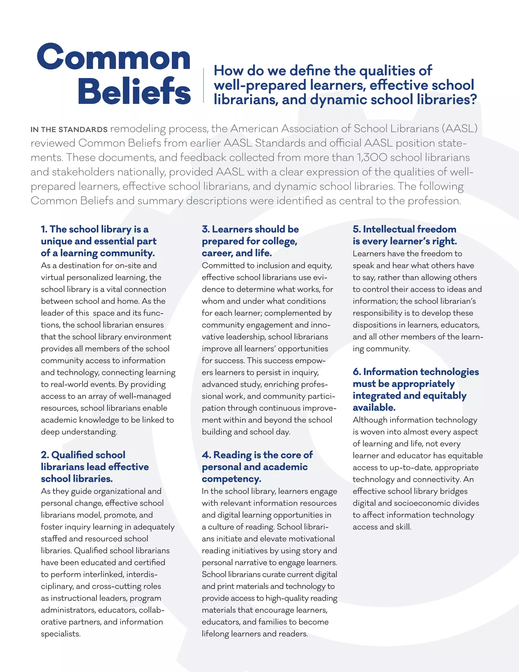 Common
Beliefs
1. The school library is a
unique and essential part
of a learning community.
As a destination for on-site and
virtual personalized learning, the
school library is a vital connection
between school and home. As the
leader of this space and its func-
tions, the school librarian ensures
that the school library environment
provides all members of the school
community access to information
and technology, connecting learning
to real-world events. By providing
access to an array of well-managed
resources, school librarians enable
academic knowledge to be linked to
deep understanding.
2. Qualified school
librarians lead effective
school libraries.
As they guide organizational and
personal change, effective school
librarians model, promote, and
foster inquiry learning in adequately
staffed and resourced school
libraries. Qualified school librarians
have been educated and certified
to perform interlinked, interdis-
ciplinary, and cross-cutting roles
as instructional leaders, program
administrators, educators, collab-
orative partners, and information
specialists.
3. Learners should be
pre­pared for college,
career, and life.
Committed to inclusion and equity,
effective school librarians use evi-
dence to determine what works, for
whom and under what conditions
for each learner; complemented by
community engagement and inno-
vative leadership, school librarians
improve all learners’ opportunities
for success. This success empow-
ers learners to persist in inquiry,
advanced study, enriching profes-
sional work, and community partici-
pation through continuous improve-
ment within and beyond the school
building and school day.
4. Reading is the core of
personal and academic
competency.
In the school library, learners engage
with relevant information resources
and digital learning opportunities in
a culture of reading. School librari-
ans initiate and elevate motivational
reading initiatives by using story and
personal narrative to engage learners.
School librarians curate current digital
and print materials and technology to
provide access to high-quality reading
materials that encourage learners,
educators, and families to become
lifelong learners and readers.
5. Intellectual freedom
is every learner’s right.
Learners have the freedom to
speak and hear what others have
to say, rather than allowing others
to control their access to ideas and
information; the school librarian’s
responsibility is to develop these
dispositions in learners, educators,
and all other members of the learn-
ing community.
6. Information technologies
must be appropriately
integrated and equitably
available.
Although information technology
is woven into almost every aspect
of learning and life, not every
learner and educator has equitable
access to up-to-date, appropriate
technology and connectivity. An
effective school library bridges
digital and socioeconomic divides
to affect information technology
access and skill.
How do we define the qualities of
well-prepared learners, effective school
librarians, and dynamic school libraries?
IN THE STANDARDS remodeling process, the American Association of School Librarians (AASL)
reviewed Common Beliefs from earlier AASL Standards and official AASL position state-
ments. These documents, and feedback collected from more than 1,300 school librarians
and stakeholders nationally, provided AASL with a clear expression of the qualities of well-
prepared learners, effective school librarians, and dynamic school libraries. The following
Common Beliefs and summary descriptions were identified as central to the profession.
 
