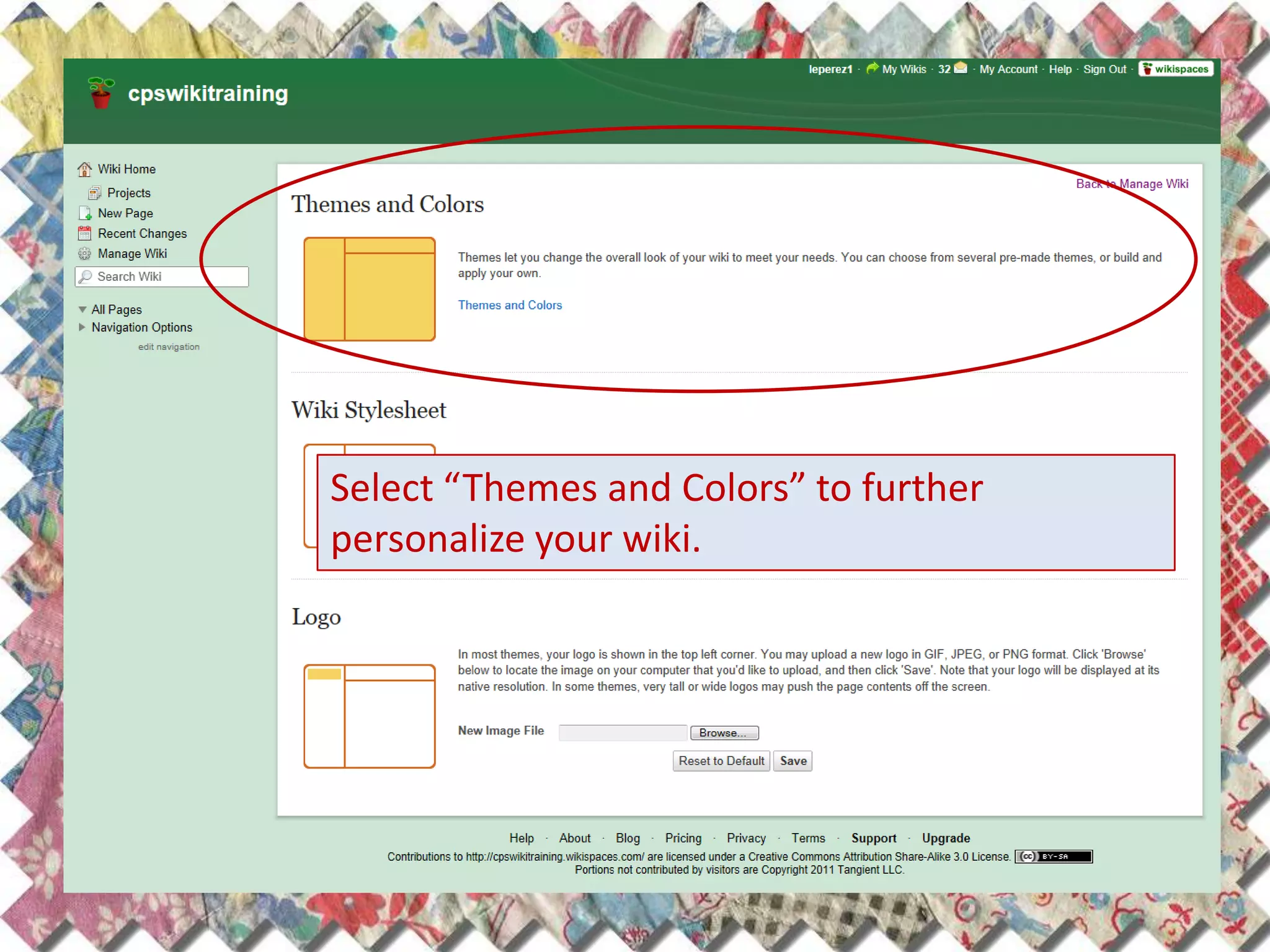 Select “Themes and Colors” to further
personalize your wiki.
 