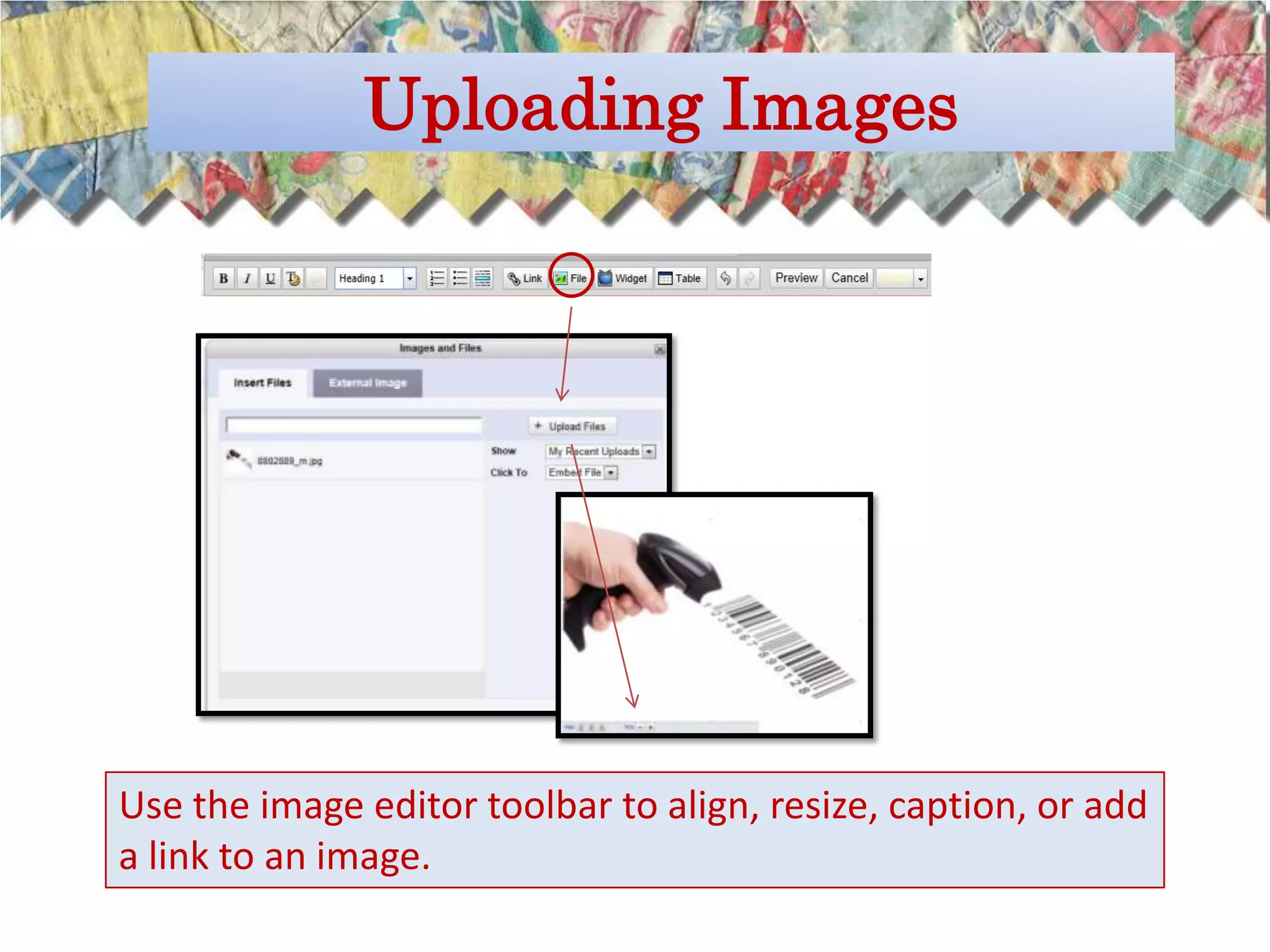 Uploading Images




Use the image editor toolbar to align, resize, caption, or add
a link to an image.
 