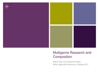 +




    Multigenre Research and
    Composition
    Beth Friese and Gretchen Hazlin
    AASL National Conference, October 2011
 