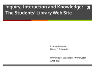 Inquiry, Interaction and Knowledge: 
The Students’ Library Web Site




                   E. Anne Zarinnia
                   Eileen E. Schroeder


                   University of Wisconsin - Whitewater
                   AASL 2011
 