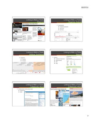 10/27/11	
  




                             Linking	
  to	
  Web2.0	
  Tools:	
  	
  	
                                           Linking	
  to	
  Web	
  2.0	
  Tools:	
  
                                                 Organize	
                                                              Organize,	
  Analyze	
  
                                                                                         ì  Spreadsheet	
  
                                                                                             ì  Google	
  Spreadsheet	
  
                                                                                                ì  Num	
  Sum	
  
                                                                                                ì  Edit	
  Grid	
  




                             Linking	
  to	
  Web2.0	
  Tools:	
  	
                                               Linking	
  to	
  Web	
  2.0	
  Tools:	
  	
  
                                 Analyze,	
  Synthesize	
                                                                                    Discuss	
  
     ì  Timelines	
                                                         ì  Discuss	
  
         ì  Timeline	
                                                          ì  Collaborize	
  Classroom	
  

          ì  Timeplot	
                                                         ì  Skype	
  (buRon)	
  
                                                                                 ì  Wiki	
  
                                                                                 ì  Blog	
  




                            Linking	
  to	
  Web	
  2.0	
  Tools:	
  	
                                                Linking	
  to	
  Web2.0	
  Tools:	
  
                                  Collaborate,	
  Share	
  	
                                                                Collaborate,	
  Share	
  
ì  CollaboraFve	
  construcFon	
  tools	
  
    ì  Google	
  Sites	
  
    ì  Wikis	
  




                                                                                                                                                                      7	
  
 