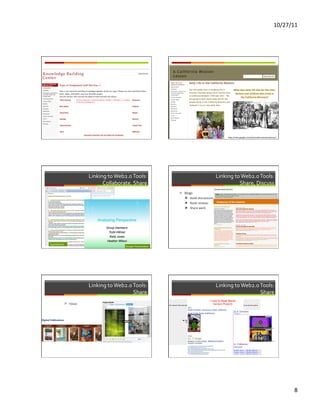 10/27/11	
  




                                                                                                                             hRps://sites.google.com/site/acaliforniamissionlesson/	
  




                             Linking	
  to	
  Web2.0	
  Tools:	
  	
  	
                                             Linking	
  to	
  Web2.0	
  Tools:	
  	
  
                                   Collaborate,	
  Share	
                                                                        Share,	
  Discuss	
  
                                                                                   ì  Blogs	
  
                                                                                       ì  Book	
  discussions	
  
                                                                                       ì  Book	
  reviews	
  
                                                                                       ì  Share	
  work	
  




TypeWithMe	
  
                                                       Google	
  PresentaFon	
  




                             Linking	
  to	
  Web2.0	
  Tools:	
                                                     Linking	
  to	
  Web2.0	
  Tools:	
  
                                                        Share	
                                                                                 Share	
  
             ì  Issuu	
  

             	
  




                                                                                                                                                                                            8	
  
 