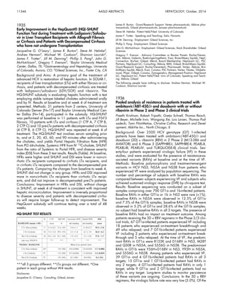 1134A AASLD ABSTRACTS HEPATOLOGY, October, 2014 
1935 
Early Improvement in the HepQuant® (HQ)-SHUNT 
Function Test during Treatment with Ledipasvir/Sofosbu-vir 
in Liver Transplant Recipients with Allograft Fibrosis 
or Cirrhosis and Patients with Decompensated Cirrhosis 
who have not undergone Transplantation 
Jacqueline G. O’Leary1, James R. Burton2, Steve M. Helmke2, 
Andrea Herman2, Michael W. Cookson2, Shannon Lauriski2, 
James F. Trotter1, Jill M. Denning3, Phillip S. Pang3, John G. 
McHutchison3, Gregory T. Everson2; 1Baylor University Medical 
Center, Dallas, TX; 2Gastroenterology and Hepatology, University 
of Colorado, Aurora, CO; 3Gilead Sciences, Inc., Foster City, CA 
Background and Aims: A primary goal of the treatment of 
advanced HCV is restoration of hepatic function. In SOLAR-1, 
recipients of liver transplantation (LTx) with either fibrosis or cir-rhosis, 
and patients with decompensated cirrhosis are treated 
with ledipasvir/sofosbuvir (LDV/SOF) and ribavirin. The 
HQ-SHUNT substudy is evaluating hepatic function with a test 
employing stable isotope labeled cholates administered orally 
and by IV. Results at baseline and at week 4 of treatment are 
presented. Methods: 31 patients from 2 centers, University of 
Colorado Denver (N=17) and Baylor University Medical Cen-ter 
Dallas (N=14), participated in the substudy. HQ-SHUNT 
was performed at baseline in 11 patients with LTx and F0-F3 
fibrosis, 10 patients with LTx and cirrhosis (1 CTP A, 7 CTP B, 
2 CTP C) and 10 pre-LTx patients with decompensated cirrhosis 
(4 CTP B, 6 CTP C). HQ-SHUNT was repeated at week 4 of 
treatment. The HQ-SHUNT test involves serum sampling prior 
to, and at 5, 20, 45, 60, and 90 minutes after administering 
the cholates, and yields Portal Hepatic Filtration Rate (HFR) 
from PO d4-cholate, Systemic HFR from IV 13C-cholate, SHUNT 
from the ratio of Systemic to Portal HFR, and disease severity 
index (DSI) from these 3 test results. Results (Table): At baseline, 
HFRs were higher and SHUNT and DSI were lower in non-cir-rhotic 
LTx recipients compared to cirrhotic LTx recipients, and 
in cirrhotic LTx recipients compared to the decompensated pre- 
LTx patients. Comparing the changes from baseline to week 4, 
SHUNT did not change in any group. HFRs and DSI improved 
more in non-cirrhotic LTx recipients than cirrhotic LTx recipi-ents, 
and did not improve in decompensated pre-LTx patients. 
Conclusions: Improvement in HFRs and DSI, without change 
in SHUNT, at week 4 of treatment is consistent with improved 
hepatic microcirculation. Improvement is inversely proportional 
to disease severity and patients with decompensated cirrho-sis 
will require longer follow-up to detect improvement. The 
HepQuant substudy will continue testing over a total of 48 
weeks. 
HQ-SHUNT TEST RESULTS 
***all 3 groups different; **LTx groups not different; ^One 
patient in each group without W4 results. 
Disclosures: 
Jacqueline G. O’Leary - Consulting: Gilead, Jansen 
James R. Burton - Grant/Research Support: Vertex pharaceuticals, Abbvie phar-maceuticals, 
Gilead pharmaceuticals, Janssen pharmaceuticals 
Steve M. Helmke - Patent Held/Filed: University of Colorado 
James F. Trotter - Speaking and Teaching: Salix, Novartis 
Jill M. Denning - Employment: Gilead Sciences, Inc. 
Phillip S. Pang - Employment: Gilead Sciences 
John G. McHutchison - Employment: Gilead Sciences; Stock Shareholder: Gilead 
Sciences 
Gregory T. Everson - Advisory Committees or Review Panels: Roche/Genen-tech, 
Abbvie, Galectin, Boehringer-Ingelheim, Eisai, Bristol-Myers Squibb, HepC 
Connection, BioTest, Gilead, Merck; Board Membership: HepQuant LLC, PSC 
Partners, HepQuant LLC; Consulting: Abbvie, BMS, Gilead, Bristol-Myers Squibb; 
Grant/Research Support: Roche/Genentech, Pharmassett, Vertex, Abbvie, Bris-tol- 
Myers Squibb, Merck, Eisai, Conatus, PSC Partners, Vertex, Tibotec, GlobeIm-mune, 
Pfizer, Gilead, Conatus, Zymogenetics; Management Position: HepQuant 
LLC, HepQuant LLC; Patent Held/Filed: Univ of Colorado; Speaking and Teach-ing: 
Abbvie, Gilead 
The following people have nothing to disclose: Andrea Herman, Michael W. 
Cookson, Shannon Lauriski 
1936 
Pooled analysis of resistance in patients treated with 
ombitasvir/ABT-450/r and dasabuvir with or without 
ribavirin in Phase 2 and Phase 3 clinical trials 
Preethi Krishnan, Rakesh Tripathi, Gretja Schnell, Thomas Reisch, 
Jill Beyer, Michelle Irvin, Wangang Xie, Lois Larsen, Thomas Pod-sadecki, 
Tami Pilot-Matias, Christine Collins; Research and Devel-opment, 
AbbVie Inc., North Chicago, IL 
Background: Over 2500 HCV genotype (GT) 1-infected 
patients have been treated with ombitasvir/ABT-450/r and 
dasabuvir (3D) ± ribavirin (RBV) in 2 Phase 2 (M13-386 and 
AVIATOR) and 6 Phase 3 (SAPPHIRE-I, SAPPHIRE-II, PEARL-II, 
PEARL-III, PEARL-IV, and TURQUOISE-II) clinical trials. Sev-enty- 
four patients experienced virologic failure (VF) in these 
studies, and were evaluated for the presence of resistance-as-sociated 
variants (RAVs) at baseline and at the time of VF. 
Methods: Baseline polymorphisms and treatment-emergent 
variants in HCV NS3, NS5A and NS5B from patients who 
experienced VF were analyzed by population sequencing. The 
number and percentage of subjects with baseline RAVs was 
compared between subjects experiencing VF and subjects who 
achieved sustained virologic response (SVR) by chi-square test. 
Results: Baseline sequencing was conducted on a subset of 
samples comprising over 700 GT1a and 1b-infected patients. 
Baseline RAVs in either GT1a or 1b in NS3 were rare (<1%); 
baseline RAVs in NS5A were observed in 12.5% of GT1a 
and 7.5% of the GT1b samples; baseline RAVs in NS5B were 
observed in 5.2% of GT1a and 28.6% of the GT1b samples; 
no subject had baseline RAVs in all 3 targets. The presence of 
baseline RAVs had no impact on treatment outcome. Among 
patients receiving the 3D ± RBV regimens in the Phase 2/3 clin-ical 
trials, 67 GT1a-infected patients experienced VF including 
18 patients who experienced on-treatment breakthrough and 
49 who relapsed; and 7 GT1b-infected patients experienced 
VF including 2 patients who experienced on-treatment break-through 
and 5 who relapsed. At the time of VF, the predomi-nant 
RAVs in GT1a were R155K and D168V in NS3, M28T 
and Q30R in NS5A, and S556G in NS5B. The predominant 
RAVs in GT1b were Y56H+D168V in NS3, Y93H in NS5A, 
and S556G in NS5B. Among patients who experienced VF, 
39 GT1a- and 4 GT1b-infected patients had RAVs in all 3 
targets; 15 GT1a- and 1 GT1b-infected patient had RAVs in 
any 2 targets; 4 GT1a-infected patients had RAVs in only 1 
target; while 9 GT1a- and 2 GT1b-infected patients had no 
RAVs in any target. Long-term studies to monitor persistence 
of these variants are ongoing. Conclusions: In the 3D ± RBV 
regimens, the virologic failure rate was very low (3.0%). Of the 
