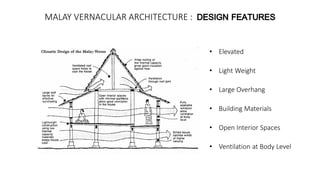 MALAY VERNACULAR ARCHITECTURE :
• Elevated
• Light Weight
• Large Overhang
• Building Materials
• Open Interior Spaces
• Ventilation at Body Level
 
